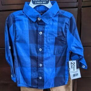 Perry Ellis Plaid Blue Long Sleeve Button Up with Dark Khaki Pants Set Sz 2T-NWT